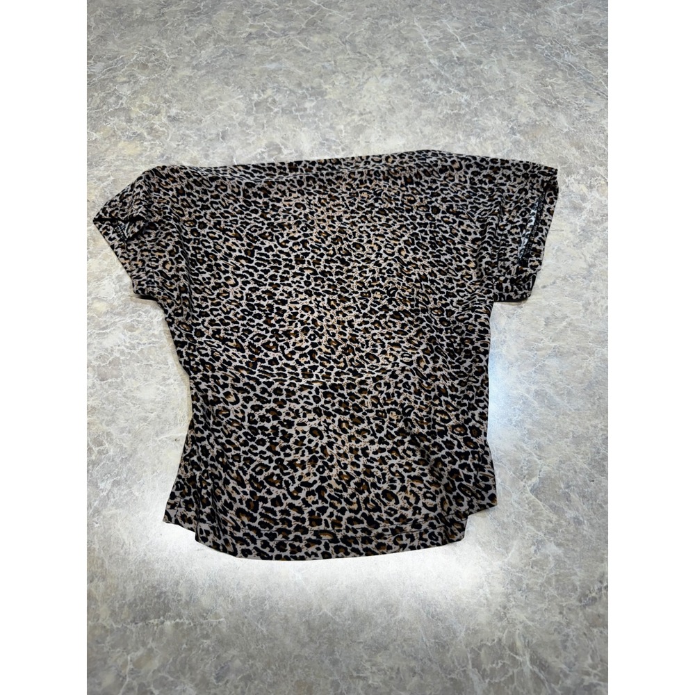 Leopard Print Short Sleeve Boat Neck Top Brown Tan Black Animal Pattern Small